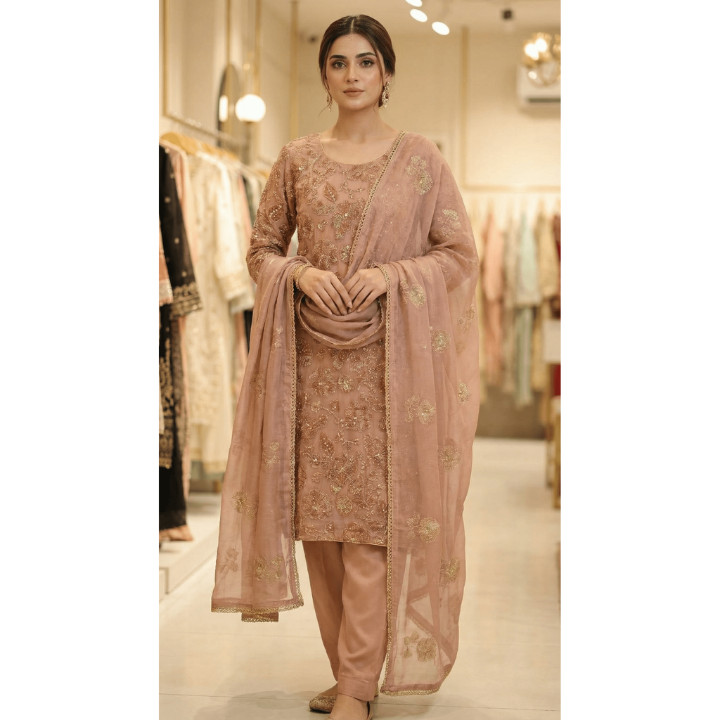 • Clothing: Embroidered/Printed suit for women - Made of best quality fabric - lawn or linen or chiffon - pure silk - Available at Najma Designs & Co. • Jewelry: Gold - plated stud earrings for