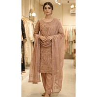 • Clothing: Embroidered/Printed suit for women - Made of best quality fabric - lawn or linen or chiffon - pure silk - Available at Najma Designs & Co. • Jewelry: Gold - plated stud earrings for