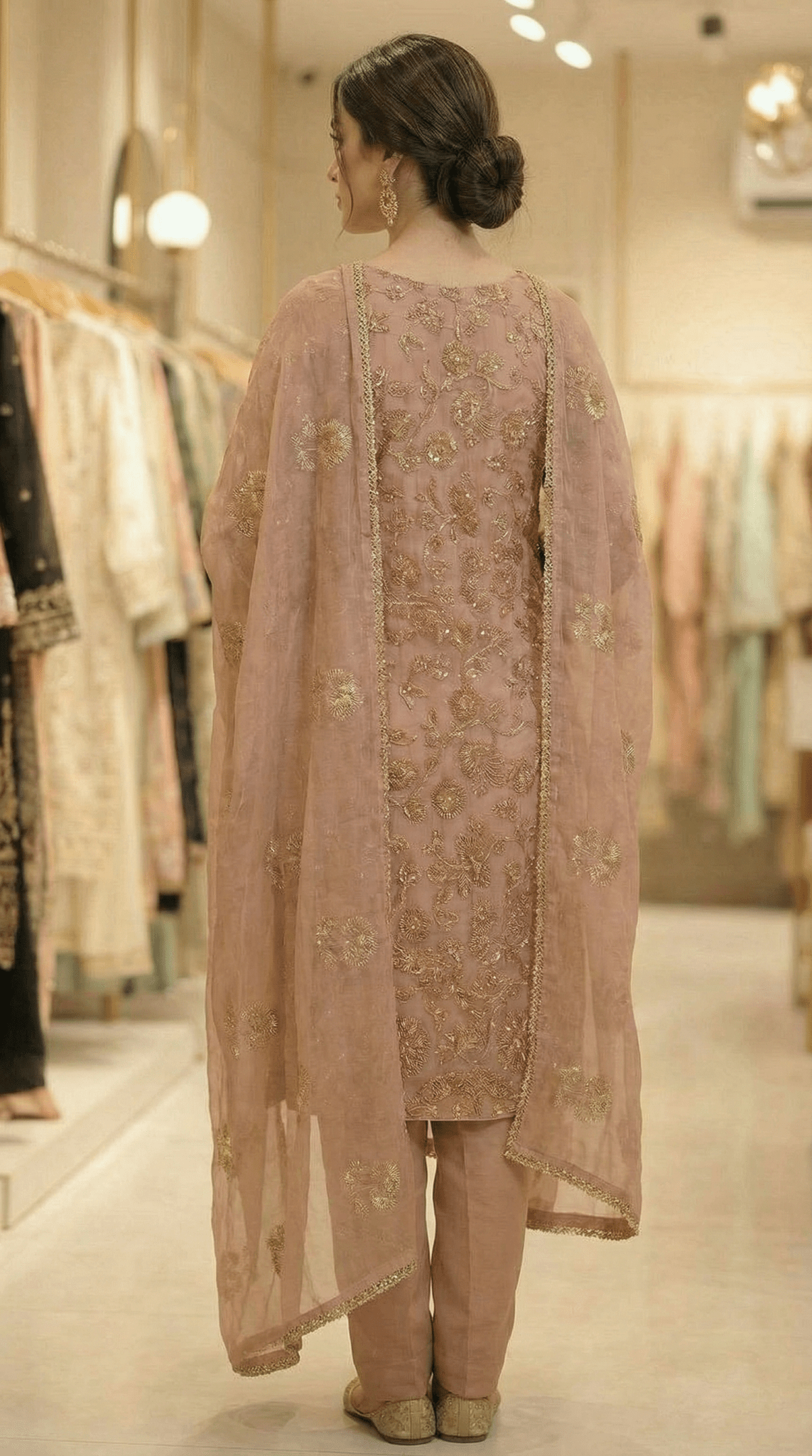 • Clothing: Embroidered/Printed suit for women - Made of best quality fabric - lawn or linen or chiffon - pure silk - Available at Najma Designs & Co. • Jewelry: Gold - plated stud earrings for