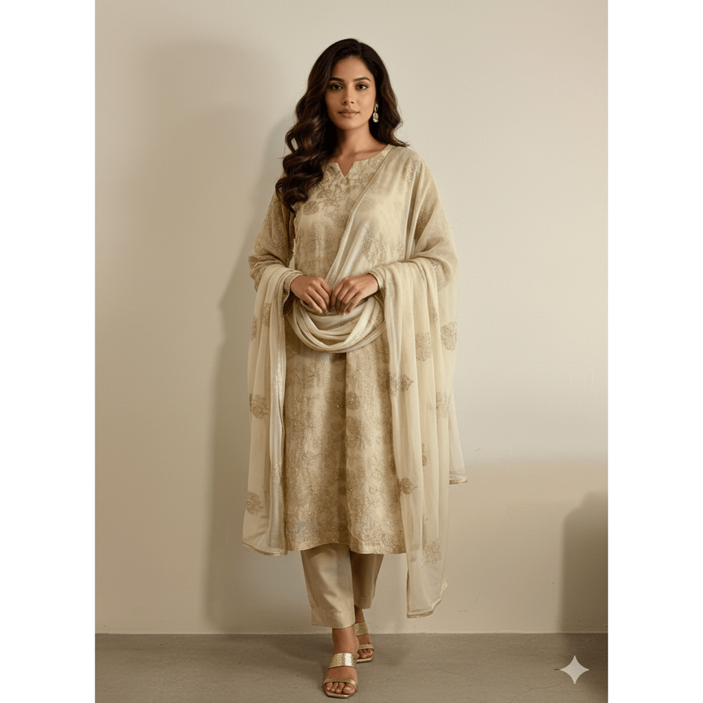 • Clothing: Embroidered/Printed suit for women - Made of best quality fabric - lawn or linen or chiffon - pure silk - Available at Najma Designs & Co. • Jewelry: Gold - plated stud earrings for