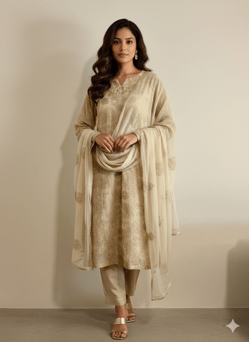 • Clothing: Embroidered/Printed suit for women - Made of best quality fabric - lawn or linen or chiffon - pure silk - Available at Najma Designs & Co. • Jewelry: Gold - plated stud earrings for