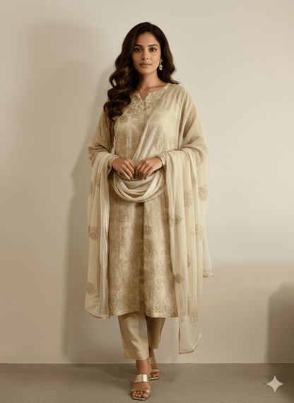 • Clothing: Embroidered/Printed suit for women - Made of best quality fabric - lawn or linen or chiffon - pure silk - Available at Najma Designs & Co. • Jewelry: Gold - plated stud earrings for