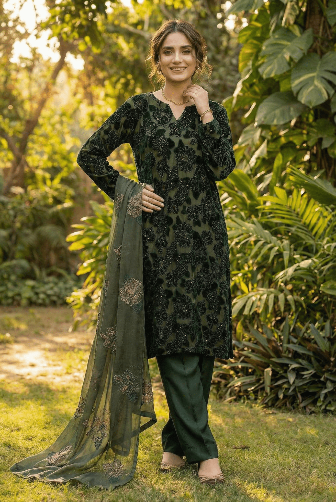 • Clothing: Embroidered/Printed suit for women - Made of best quality fabric - lawn or linen or chiffon - pure silk - Available at Najma Designs & Co. • Jewelry: Gold - plated stud earrings for