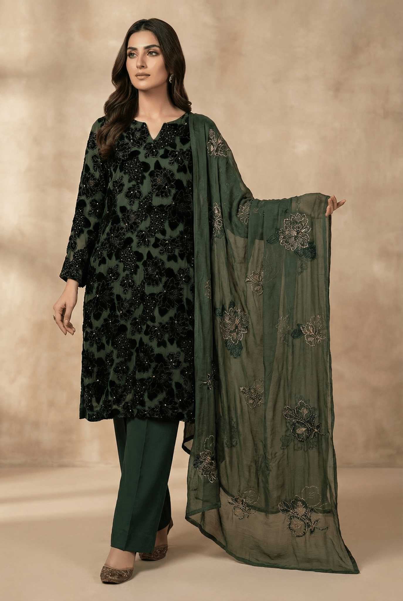 • Clothing: Embroidered/Printed suit for women - Made of best quality fabric - lawn or linen or chiffon - pure silk - Available at Najma Designs & Co. • Jewelry: Gold - plated stud earrings for