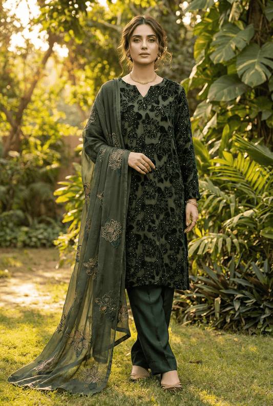 • Clothing: Embroidered/Printed suit for women - Made of best quality fabric - lawn or linen or chiffon - pure silk - Available at Najma Designs & Co. • Jewelry: Gold - plated stud earrings for