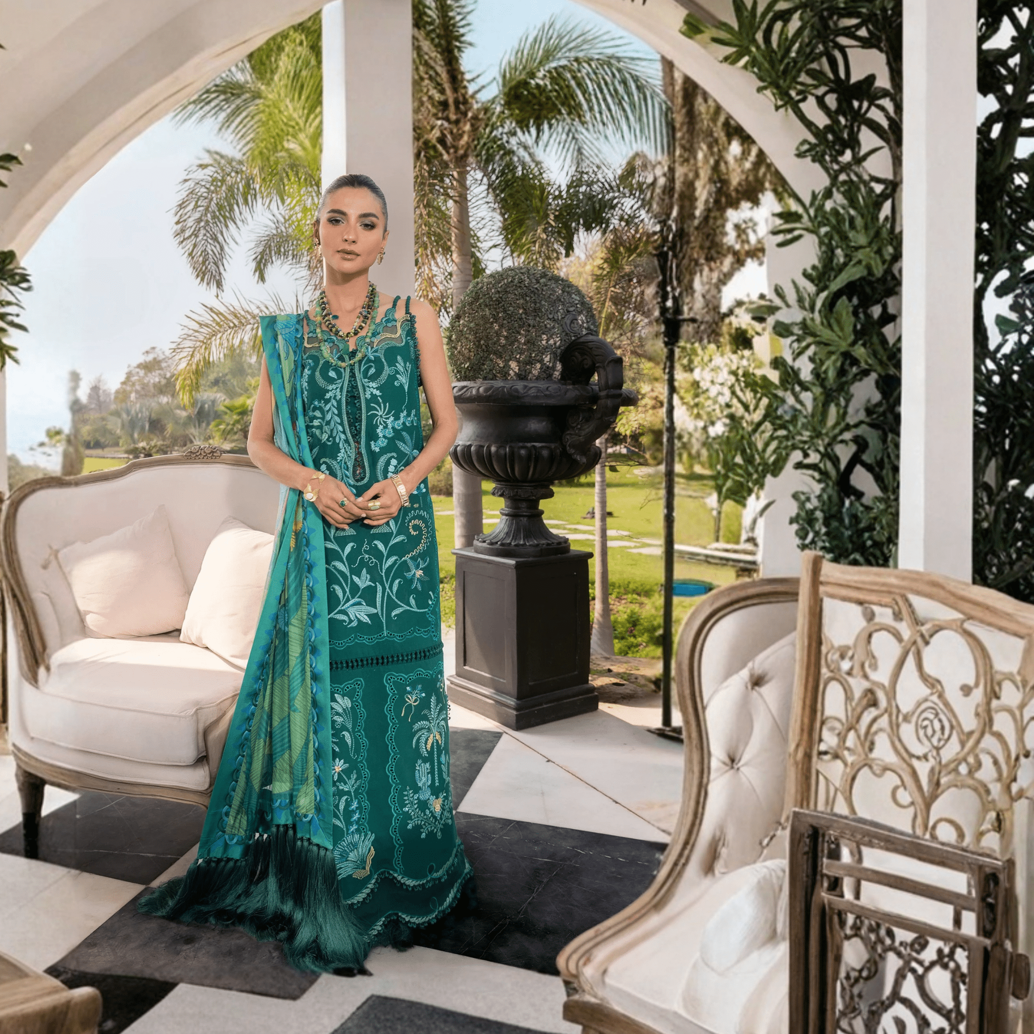 • Clothing: Embroidered/Printed suit for women - Made of best quality fabric - lawn or linen or chiffon - pure silk - Available at Najma Designs & Co. • Jewelry: Gold - plated stud earrings for