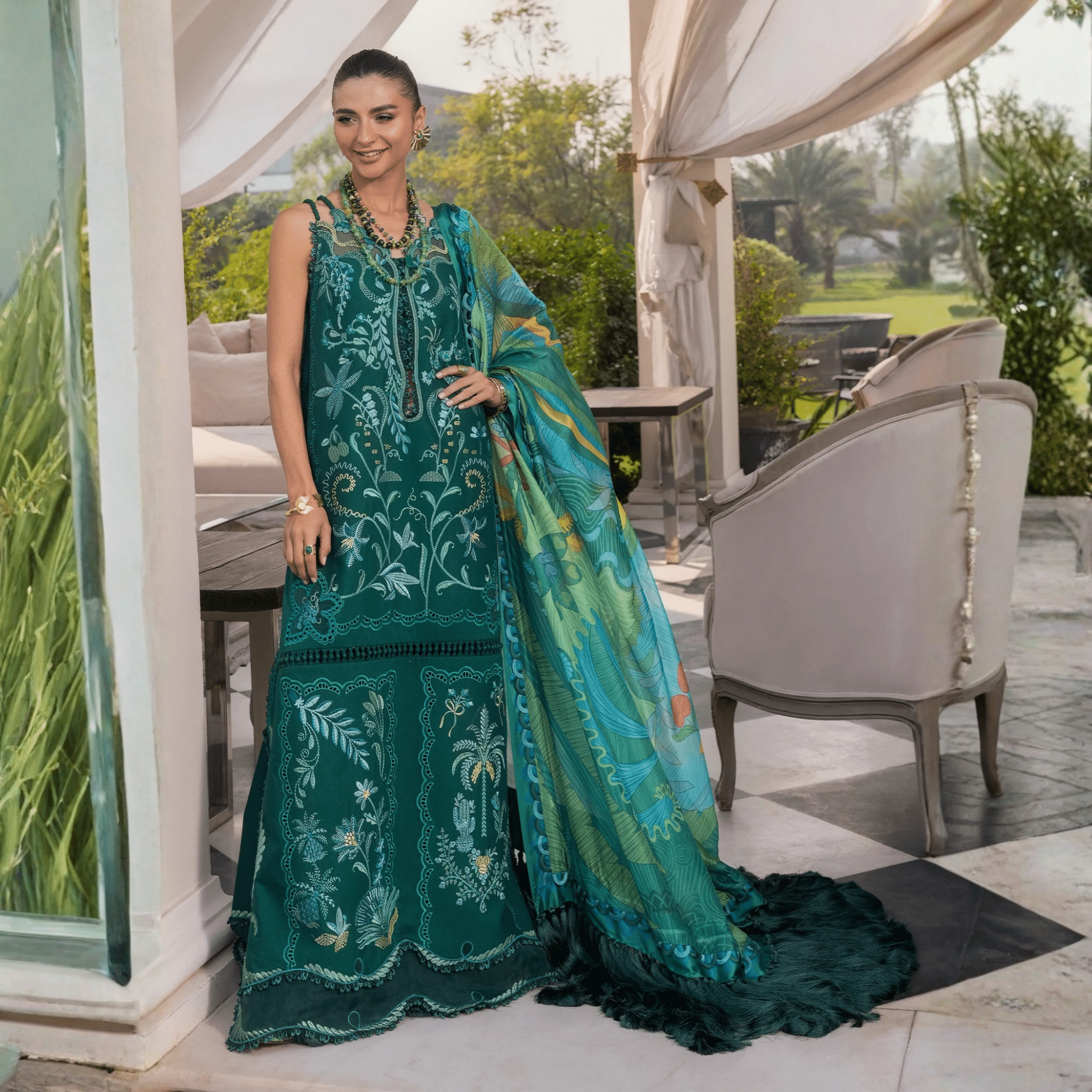 • Clothing: Embroidered/Printed suit for women - Made of best quality fabric - lawn or linen or chiffon - pure silk - Available at Najma Designs & Co. • Jewelry: Gold - plated stud earrings for