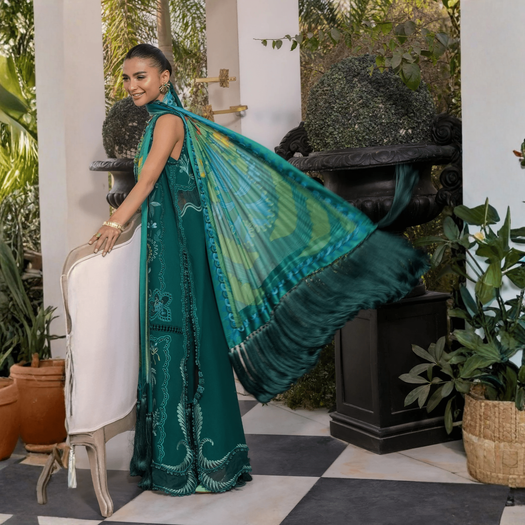• Clothing: Embroidered/Printed suit for women - Made of best quality fabric - lawn or linen or chiffon - pure silk - Available at Najma Designs & Co. • Jewelry: Gold - plated stud earrings for