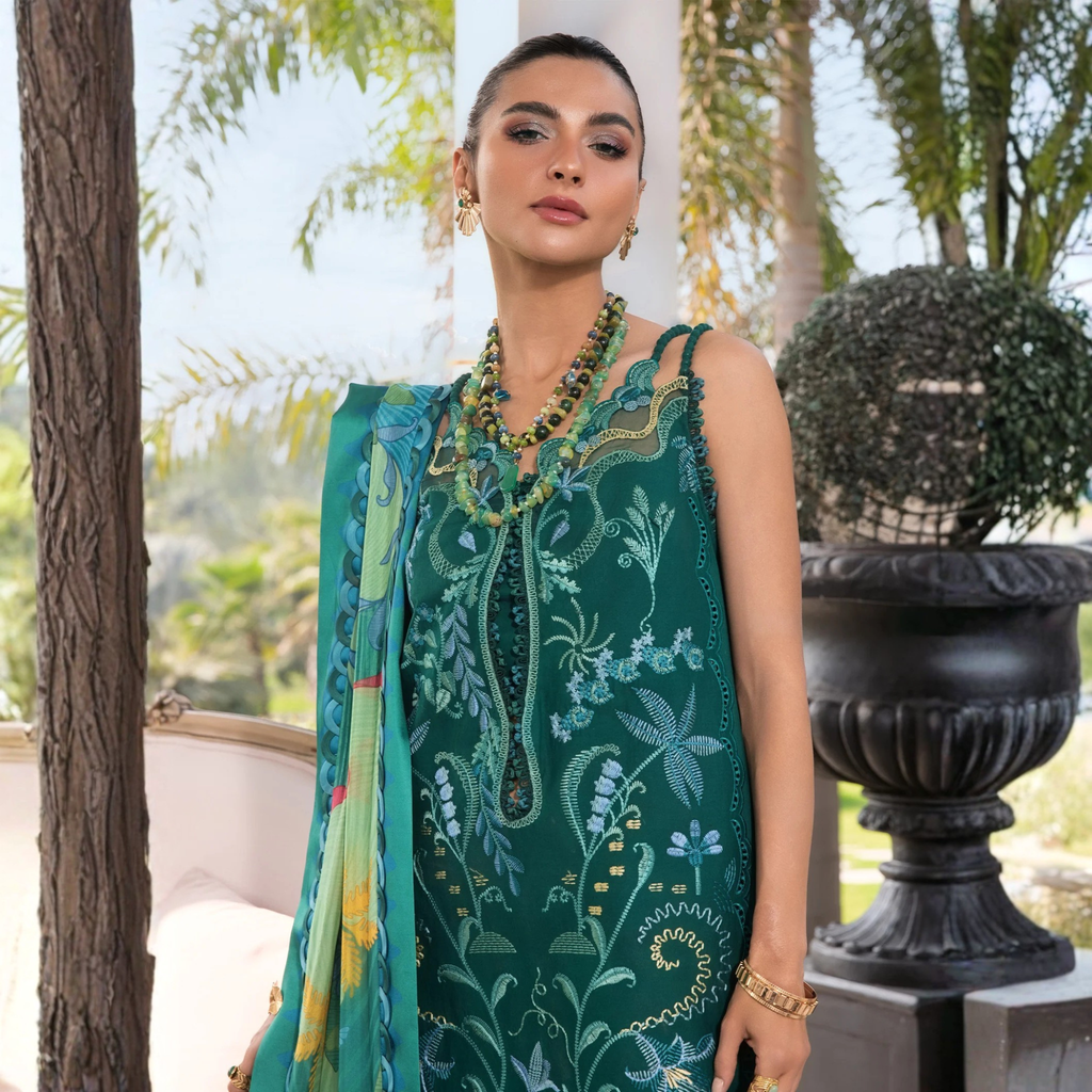 • Clothing: Embroidered/Printed suit for women - Made of best quality fabric - lawn or linen or chiffon - pure silk - Available at Najma Designs & Co. • Jewelry: Gold - plated stud earrings for