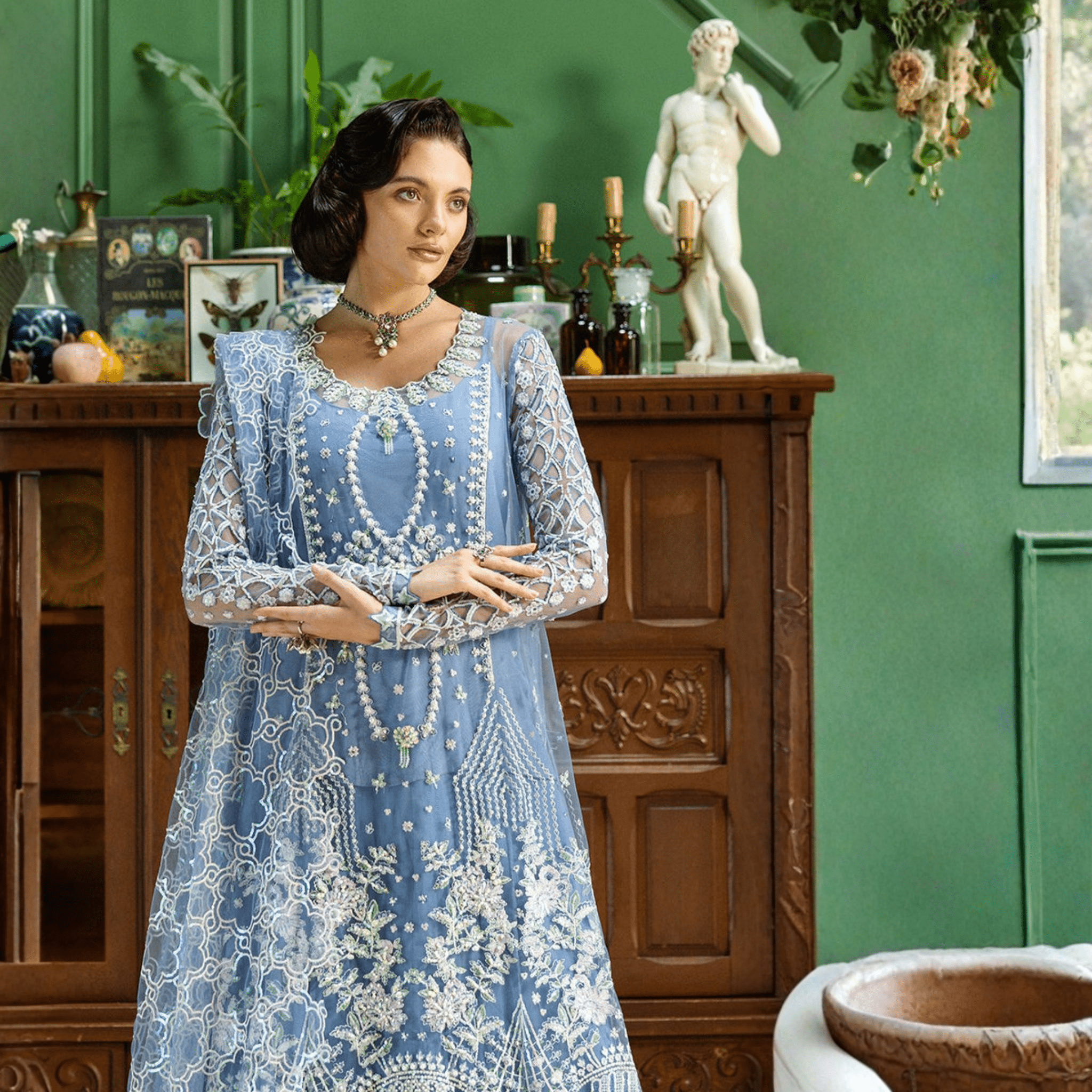 • Clothing: Embroidered/Printed suit for women - Made of best quality fabric - lawn or linen or chiffon - pure silk - Available at Najma Designs & Co. • Jewelry: Gold - plated stud earrings for