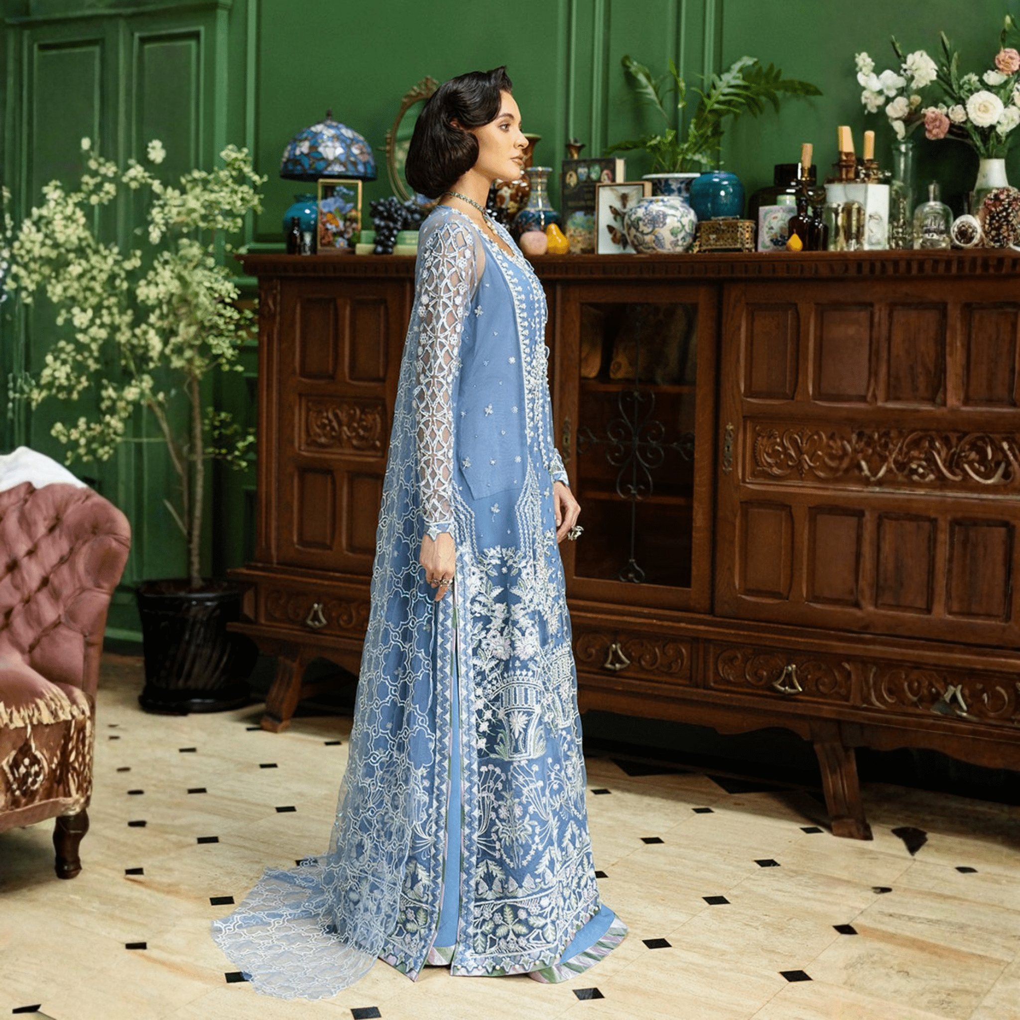 • Clothing: Embroidered/Printed suit for women - Made of best quality fabric - lawn or linen or chiffon - pure silk - Available at Najma Designs & Co. • Jewelry: Gold - plated stud earrings for