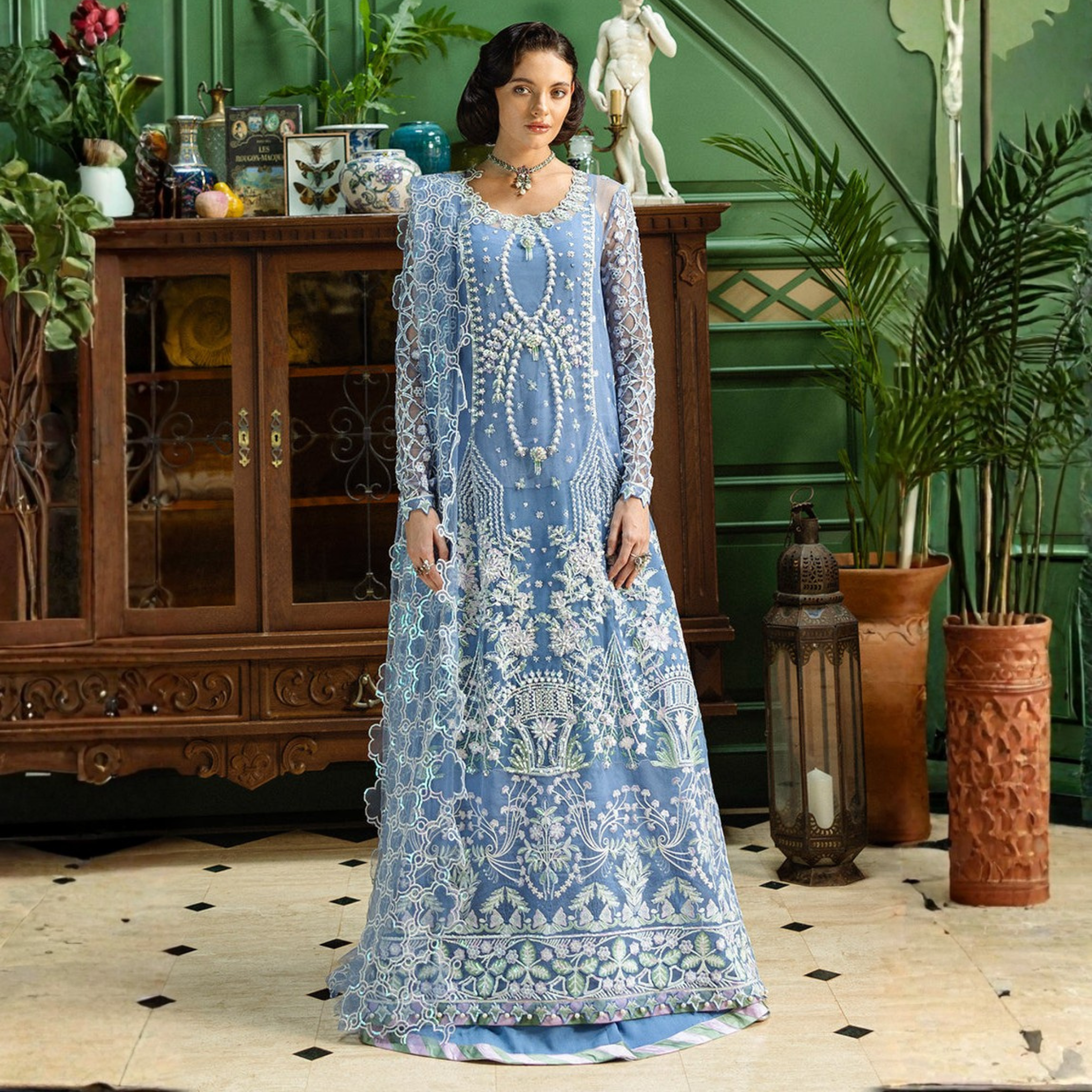 • Clothing: Embroidered/Printed suit for women - Made of best quality fabric - lawn or linen or chiffon - pure silk - Available at Najma Designs & Co. • Jewelry: Gold - plated stud earrings for