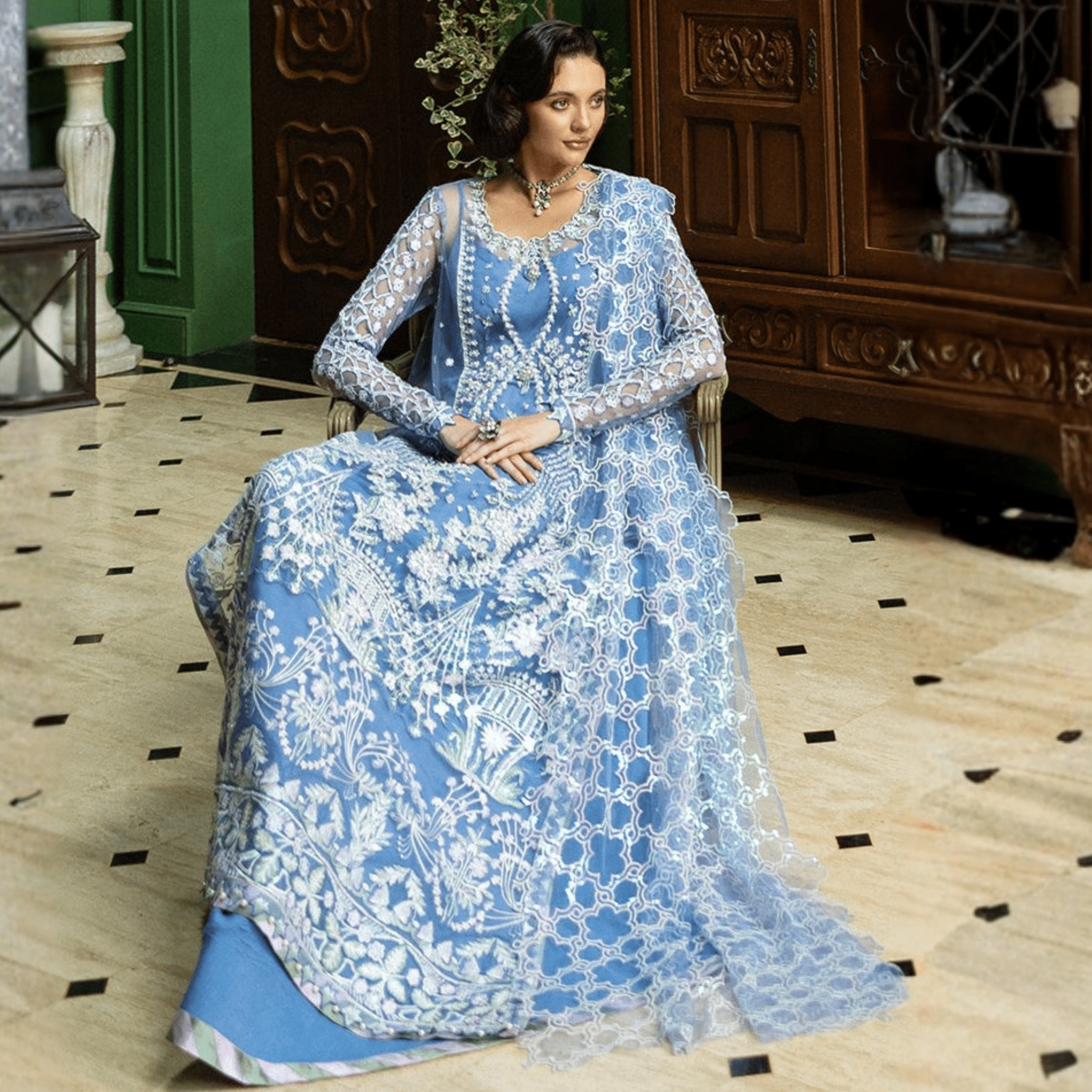 • Clothing: Embroidered/Printed suit for women - Made of best quality fabric - lawn or linen or chiffon - pure silk - Available at Najma Designs & Co. • Jewelry: Gold - plated stud earrings for