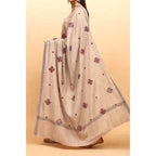 A beautiful light gray brown shawl with maroon embroidery. It is lightweight and suitable for both casual and formal wear. The brand name is Stylo Pk. It is available for purchase in the United States at Najmadesighns and Co.