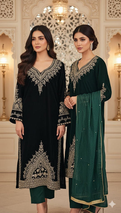 • Clothing: Embroidered/Printed suit for women - Made of best quality fabric - lawn or linen or chiffon - pure silk - Available at Najma Designs & Co. • Jewelry: Gold - plated stud earrings for