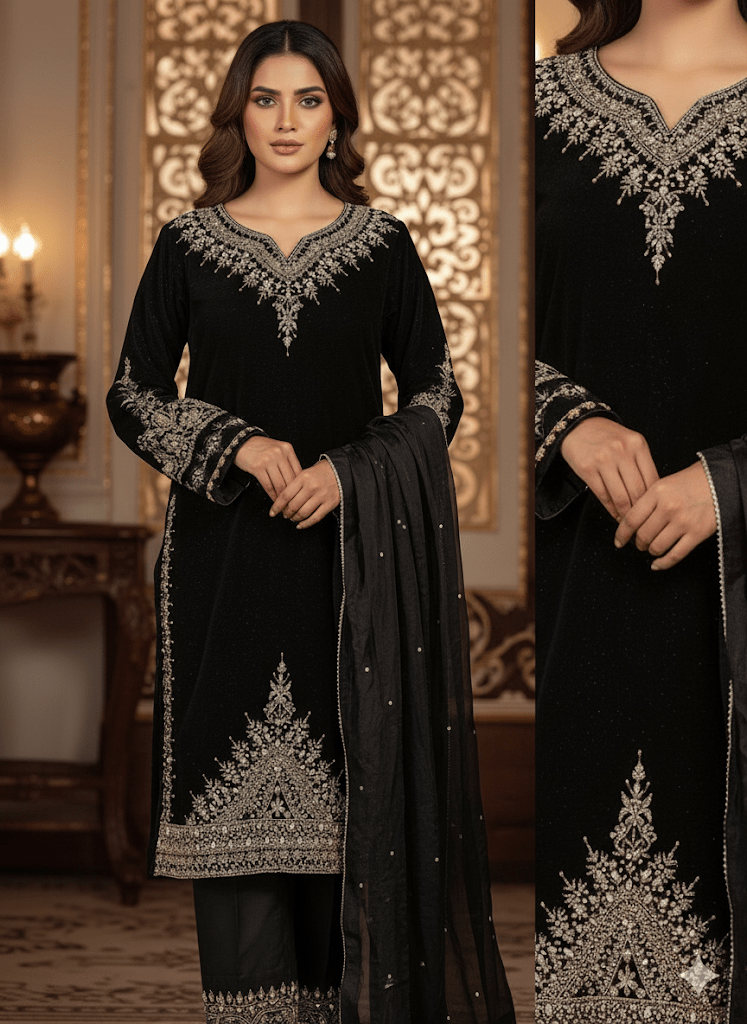 • Clothing: Embroidered/Printed suit for women - Made of best quality fabric - lawn or linen or chiffon - pure silk - Available at Najma Designs & Co. • Jewelry: Gold - plated stud earrings for