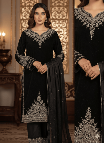 • Clothing: Embroidered/Printed suit for women - Made of best quality fabric - lawn or linen or chiffon - pure silk - Available at Najma Designs & Co. • Jewelry: Gold - plated stud earrings for