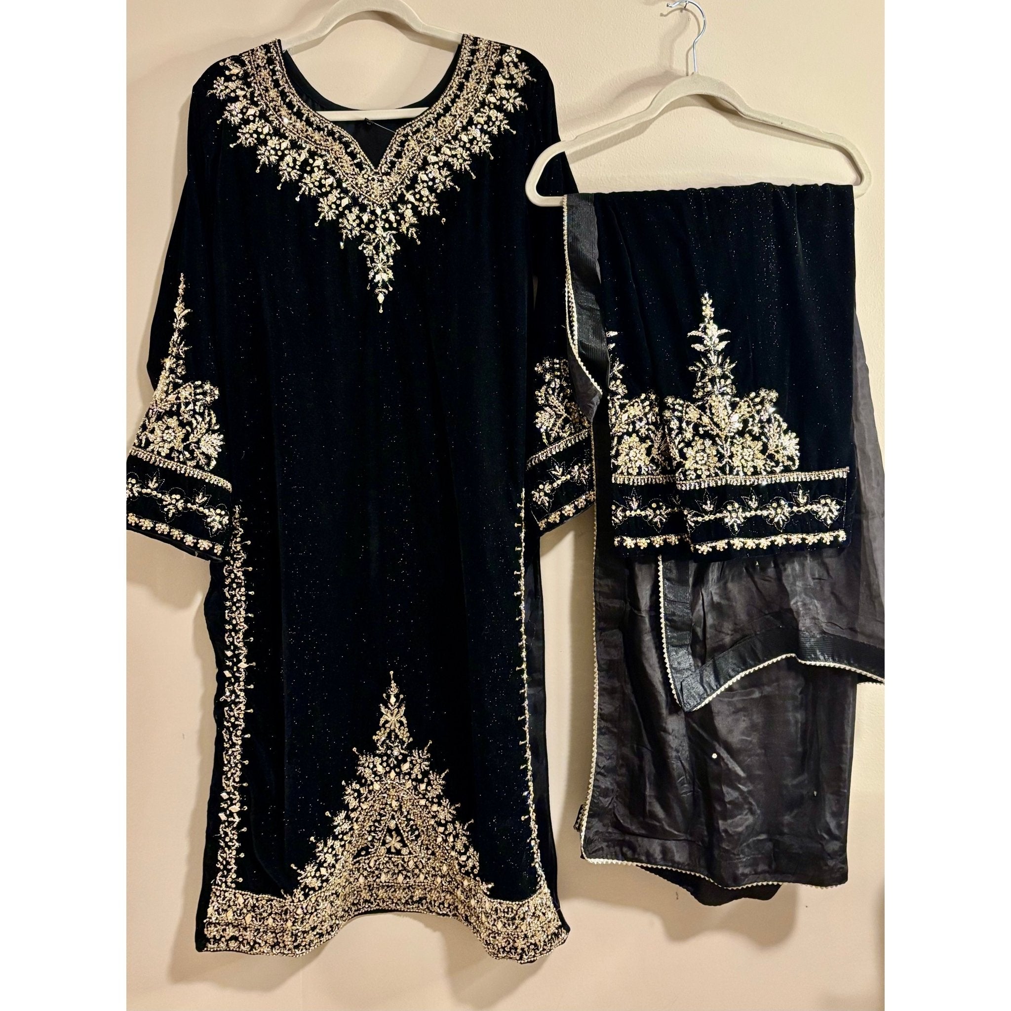 • Clothing: Embroidered/Printed suit for women - Made of best quality fabric - lawn or linen or chiffon - pure silk - Available at Najma Designs & Co. • Jewelry: Gold - plated stud earrings for