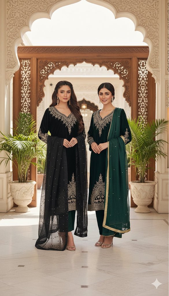 • Clothing: Embroidered/Printed suit for women - Made of best quality fabric - lawn or linen or chiffon - pure silk - Available at Najma Designs & Co. • Jewelry: Gold - plated stud earrings for