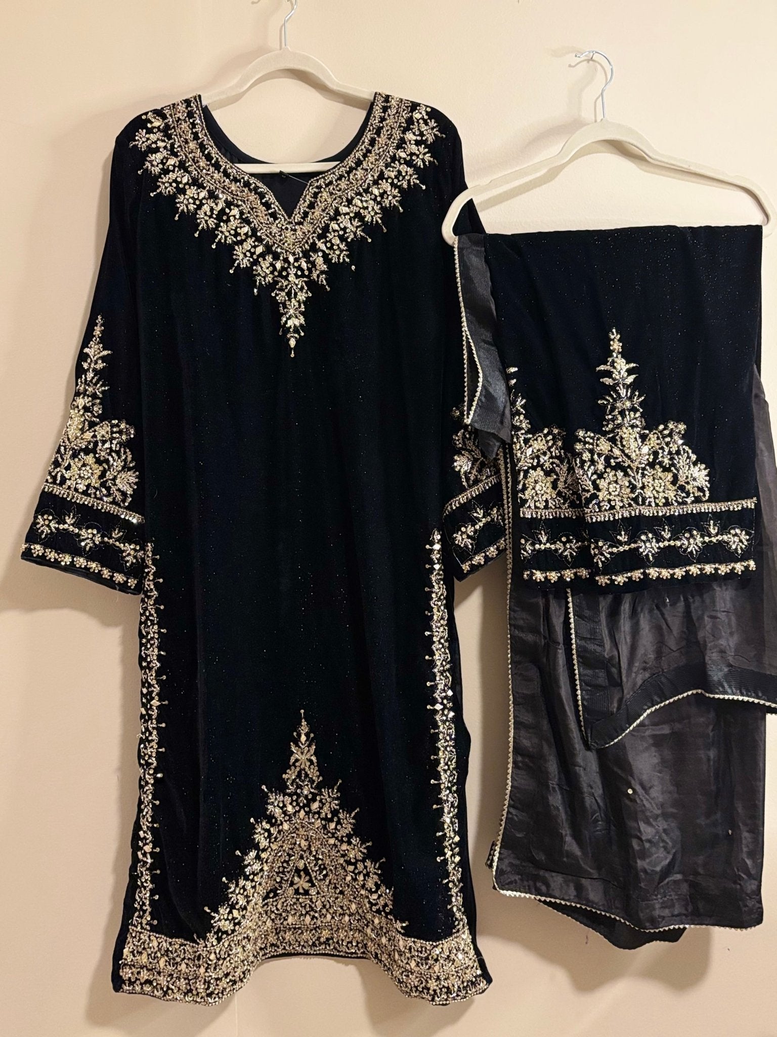 • Clothing: Embroidered/Printed suit for women - Made of best quality fabric - lawn or linen or chiffon - pure silk - Available at Najma Designs & Co. • Jewelry: Gold - plated stud earrings for