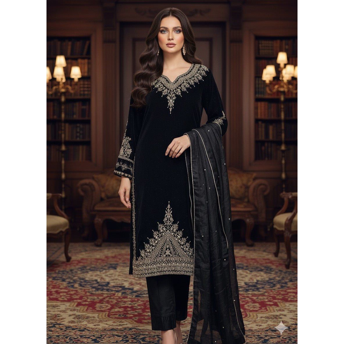 • Clothing: Embroidered/Printed suit for women - Made of best quality fabric - lawn or linen or chiffon - pure silk - Available at Najma Designs & Co. • Jewelry: Gold - plated stud earrings for