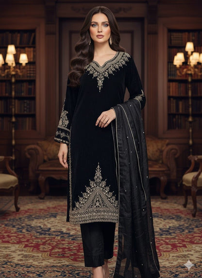 • Clothing: Embroidered/Printed suit for women - Made of best quality fabric - lawn or linen or chiffon - pure silk - Available at Najma Designs & Co. • Jewelry: Gold - plated stud earrings for