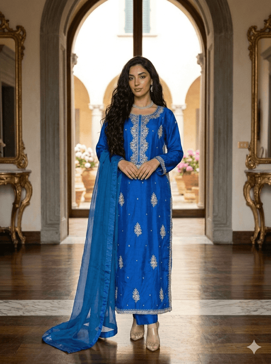 • Clothing: Embroidered/Printed suit for women - Made of best quality fabric - lawn or linen or chiffon - pure silk - Available at Najma Designs & Co. • Jewelry: Gold - plated stud earrings for