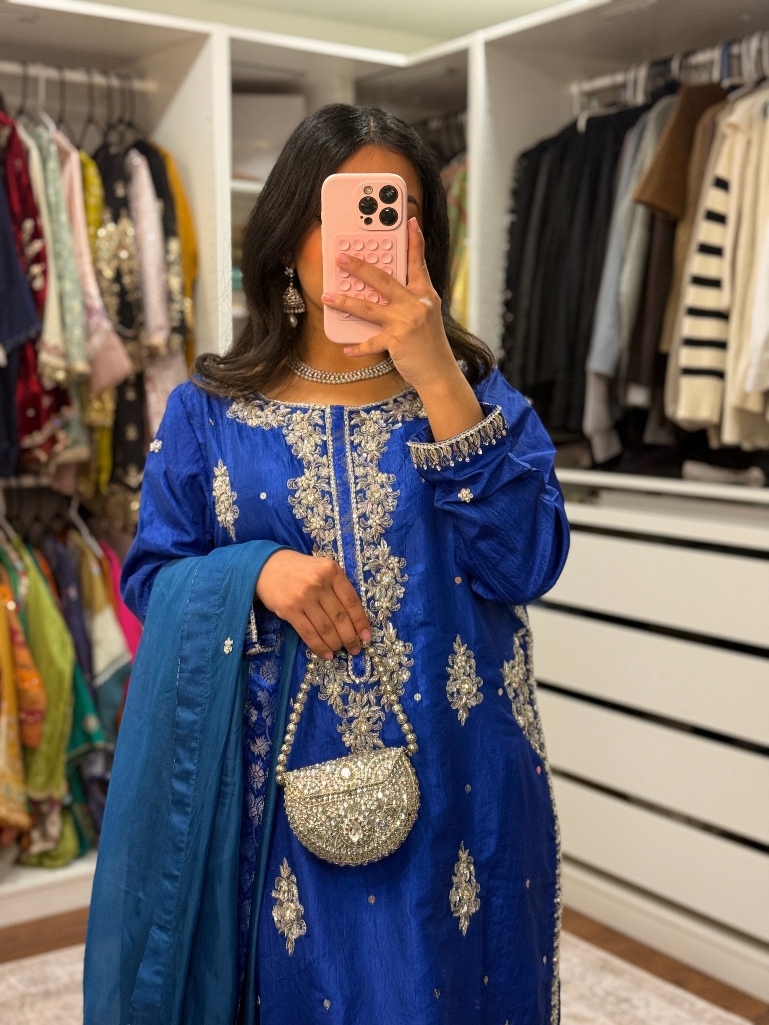 • Clothing: Embroidered/Printed suit for women - Made of best quality fabric - lawn or linen or chiffon - pure silk - Available at Najma Designs & Co. • Jewelry: Gold - plated stud earrings for