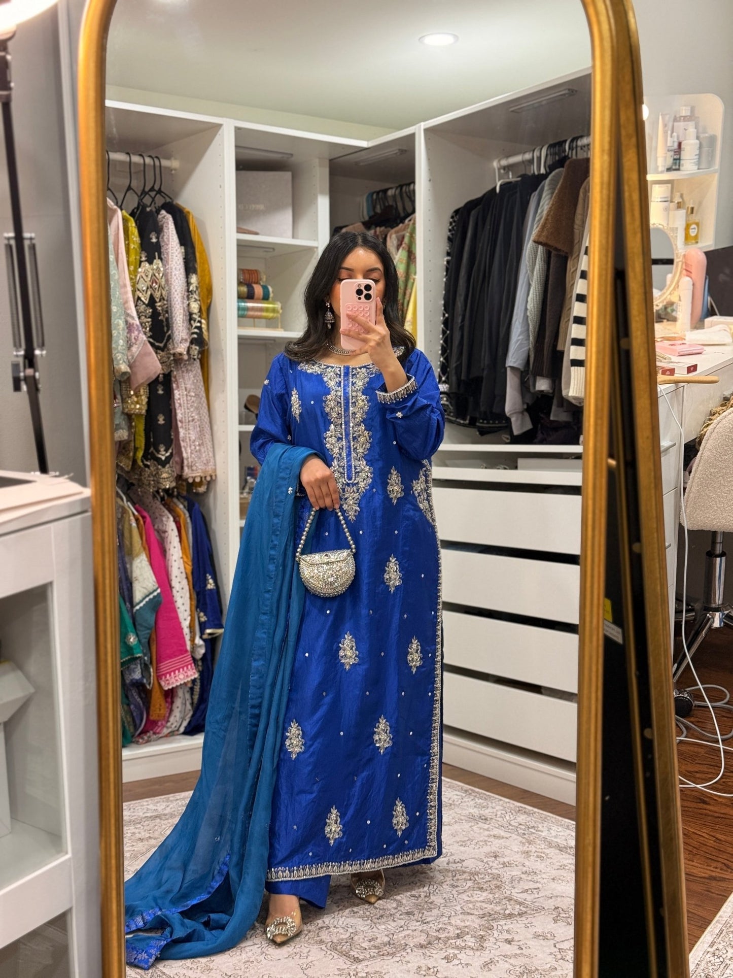 • Clothing: Embroidered/Printed suit for women - Made of best quality fabric - lawn or linen or chiffon - pure silk - Available at Najma Designs & Co. • Jewelry: Gold - plated stud earrings for