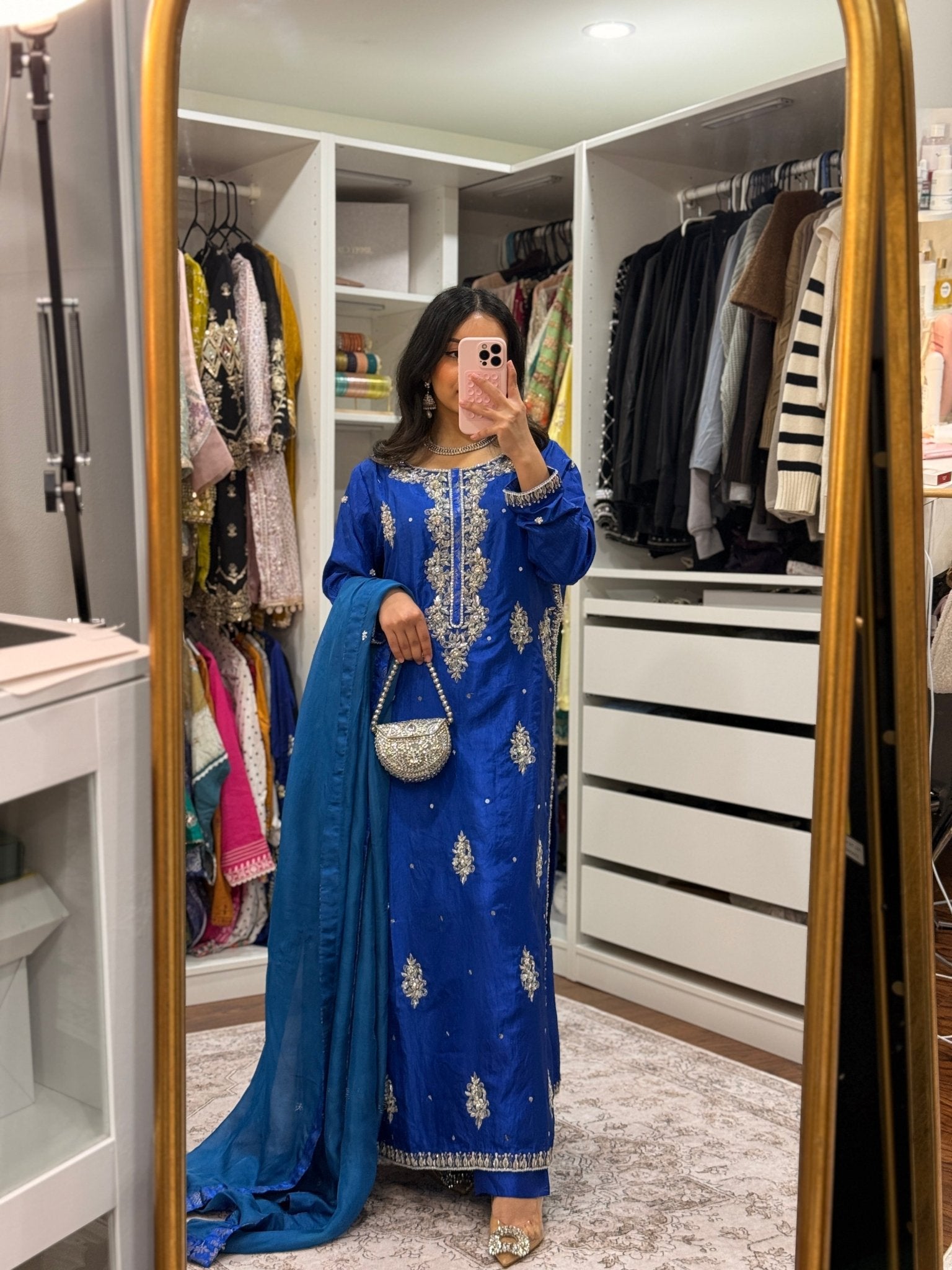 • Clothing: Embroidered/Printed suit for women - Made of best quality fabric - lawn or linen or chiffon - pure silk - Available at Najma Designs & Co. • Jewelry: Gold - plated stud earrings for