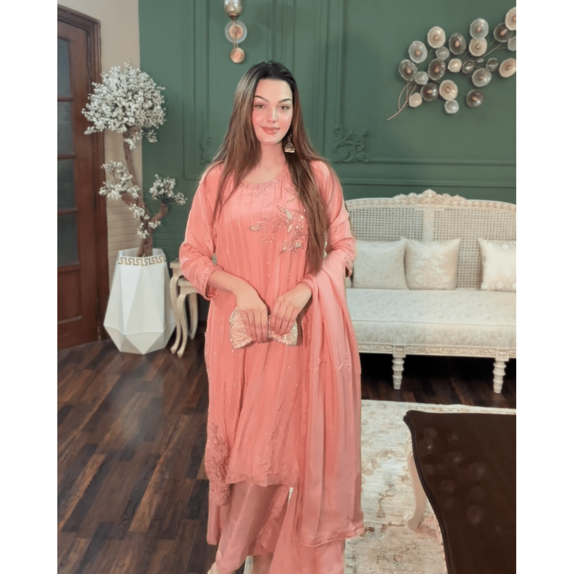 • Clothing: Embroidered/Printed suit for women - Made of best quality fabric - lawn or linen or chiffon - pure silk - Available at Najma Designs & Co. • Jewelry: Gold - plated stud earrings for