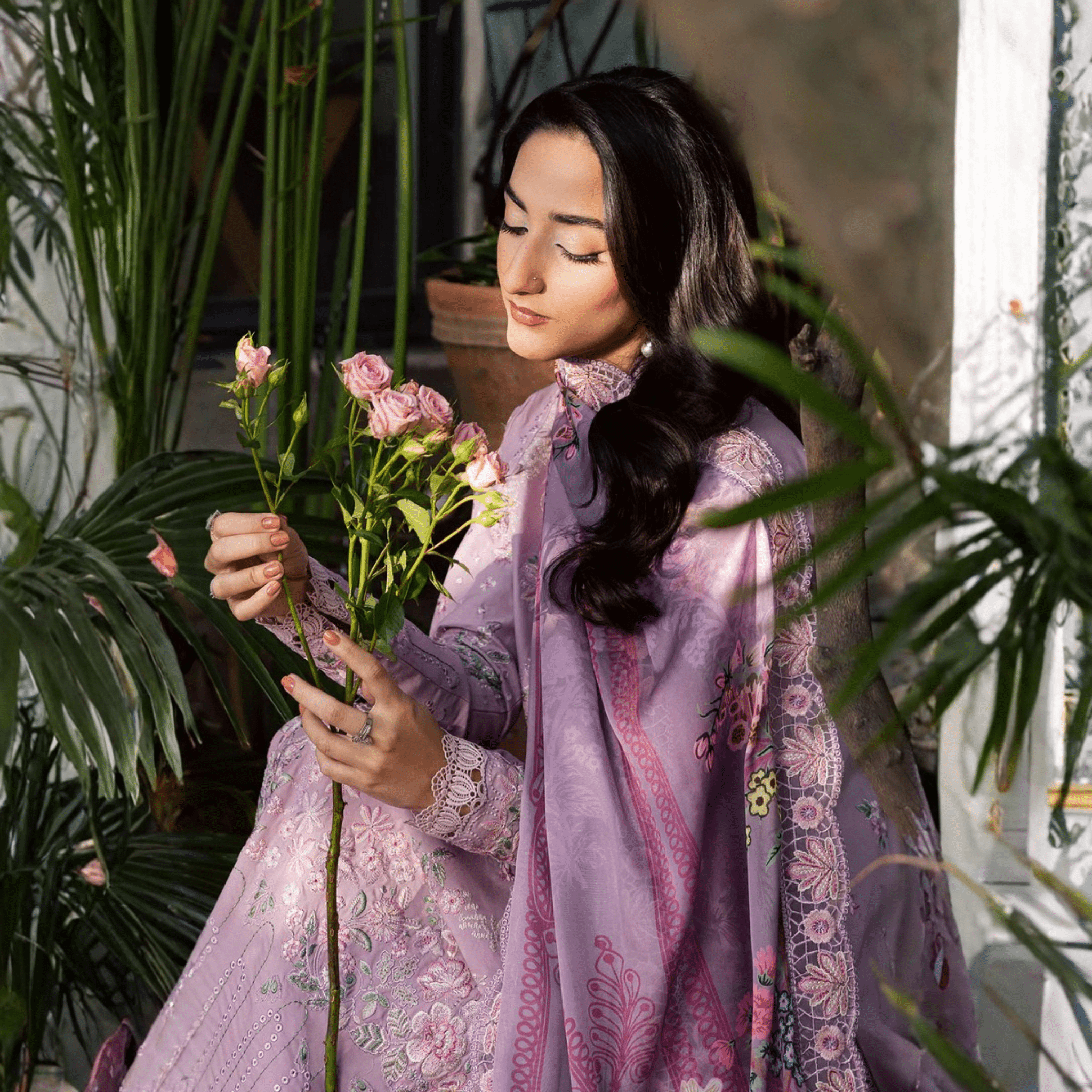 • Clothing: Embroidered/Printed suit for women - Made of best quality fabric - lawn or linen or chiffon - pure silk - Available at Najma Designs & Co. • Jewelry: Gold - plated stud earrings for