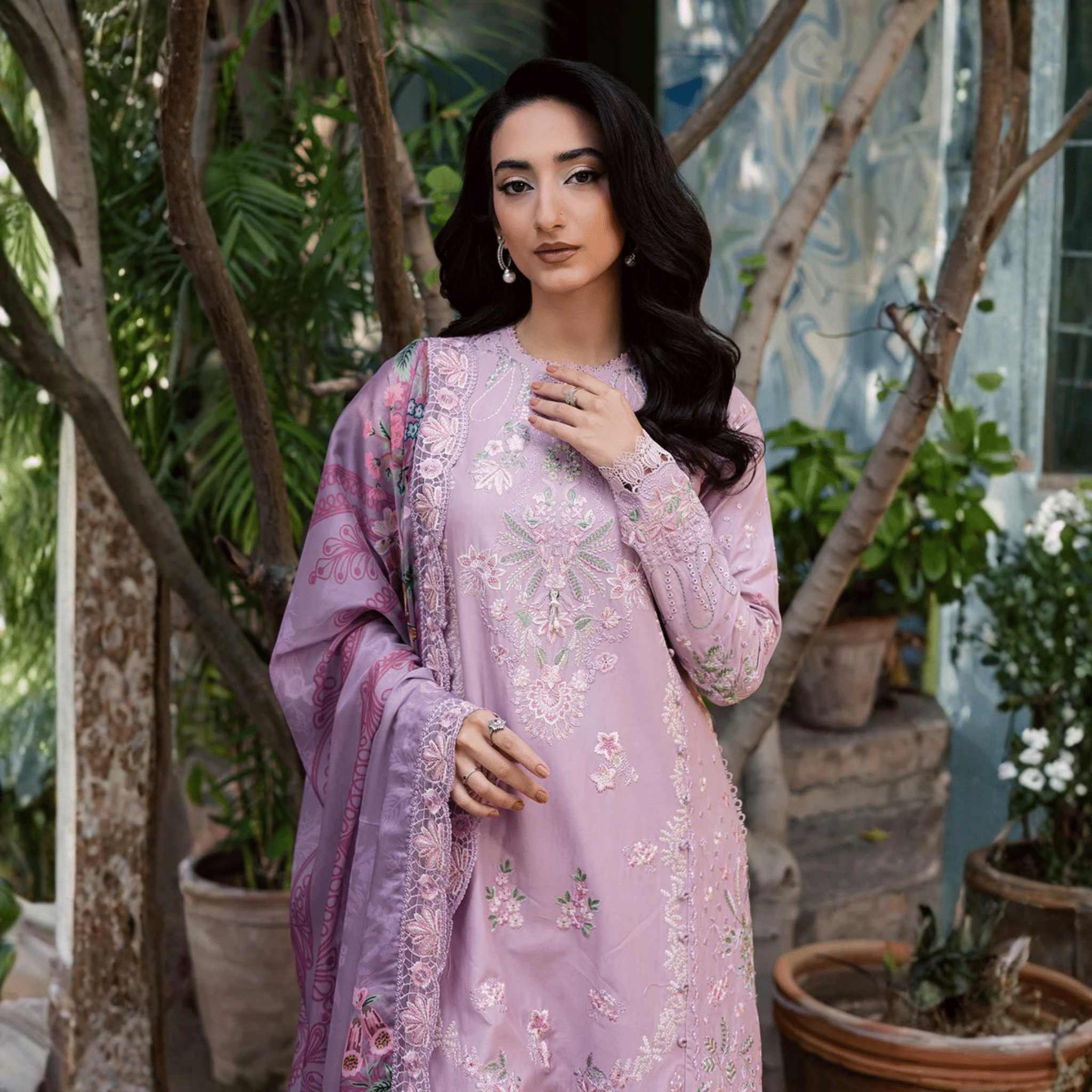 • Clothing: Embroidered/Printed suit for women - Made of best quality fabric - lawn or linen or chiffon - pure silk - Available at Najma Designs & Co. • Jewelry: Gold - plated stud earrings for