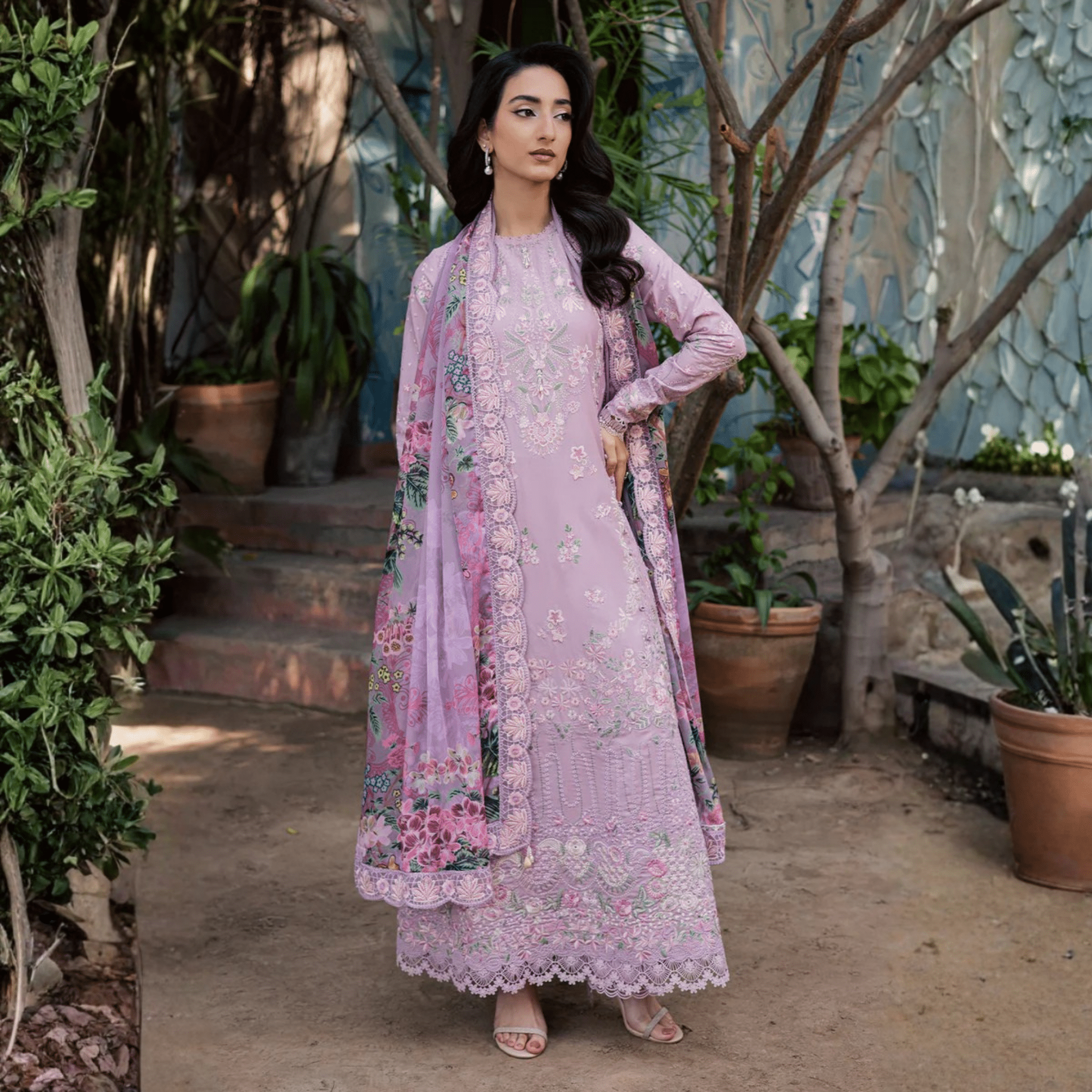 • Clothing: Embroidered/Printed suit for women - Made of best quality fabric - lawn or linen or chiffon - pure silk - Available at Najma Designs & Co. • Jewelry: Gold - plated stud earrings for