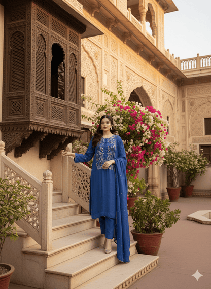 • Clothing: Embroidered/Printed suit for women - Made of best quality fabric - lawn or linen or chiffon - pure silk - Available at Najma Designs & Co. • Jewelry: Gold - plated stud earrings for