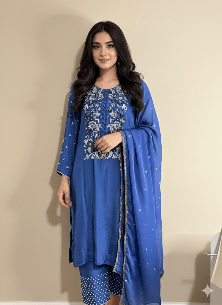 • Clothing: Embroidered/Printed suit for women - Made of best quality fabric - lawn or linen or chiffon - pure silk - Available at Najma Designs & Co. • Jewelry: Gold - plated stud earrings for