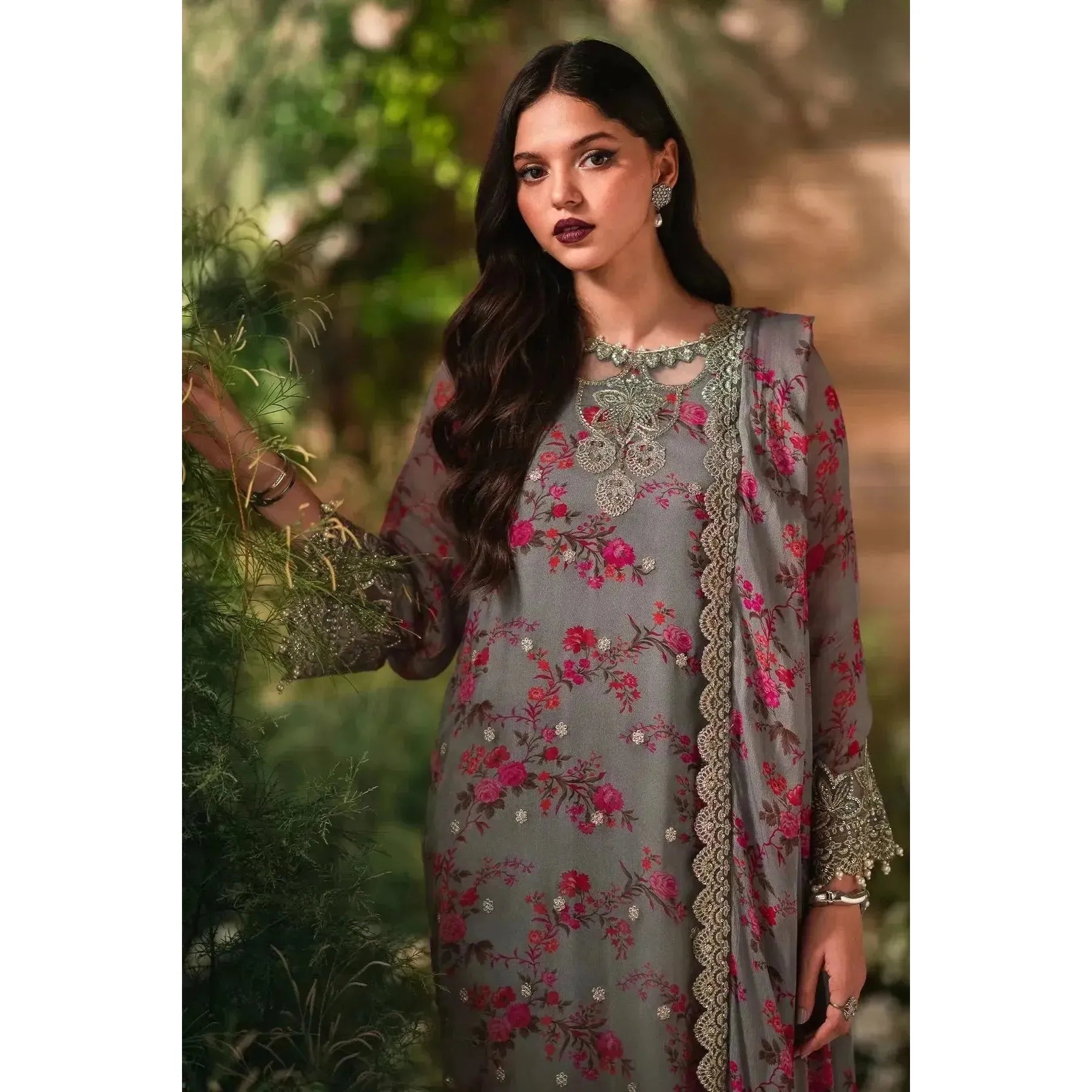 • Clothing: Embroidered/Printed suit for women - Made of best quality fabric - lawn or linen or chiffon - pure silk - Available at Najma Designs & Co. • Jewelry: Gold - plated stud earrings for