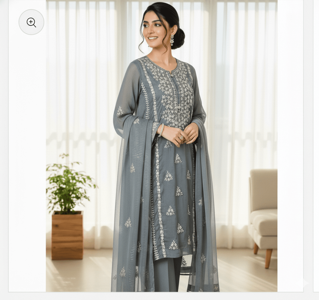 • Clothing: Embroidered/Printed suit for women - Made of best quality fabric - lawn or linen or chiffon - pure silk - Available at Najma Designs & Co. • Jewelry: Gold - plated stud earrings for