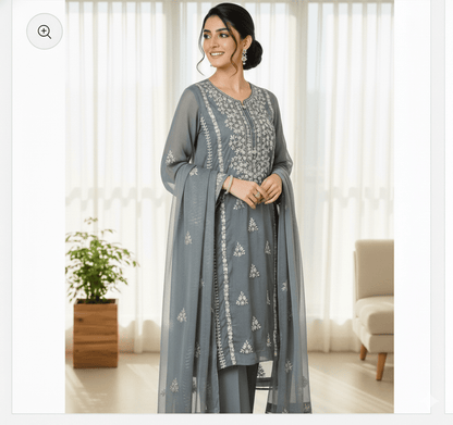 • Clothing: Embroidered/Printed suit for women - Made of best quality fabric - lawn or linen or chiffon - pure silk - Available at Najma Designs & Co. • Jewelry: Gold - plated stud earrings for