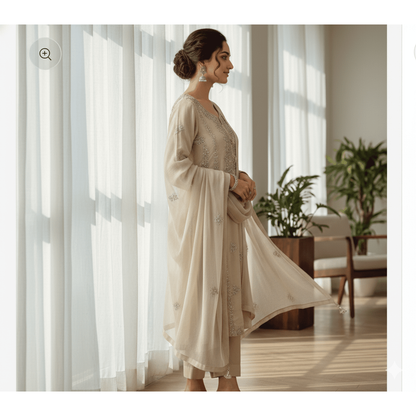 • Clothing: Embroidered/Printed suit for women - Made of best quality fabric - lawn or linen or chiffon - pure silk - Available at Najma Designs & Co. • Jewelry: Gold - plated stud earrings for