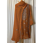 A chiffon fabric burnt orange  outfit with hand embroidery. by Najmadesigns and co. gotta work 