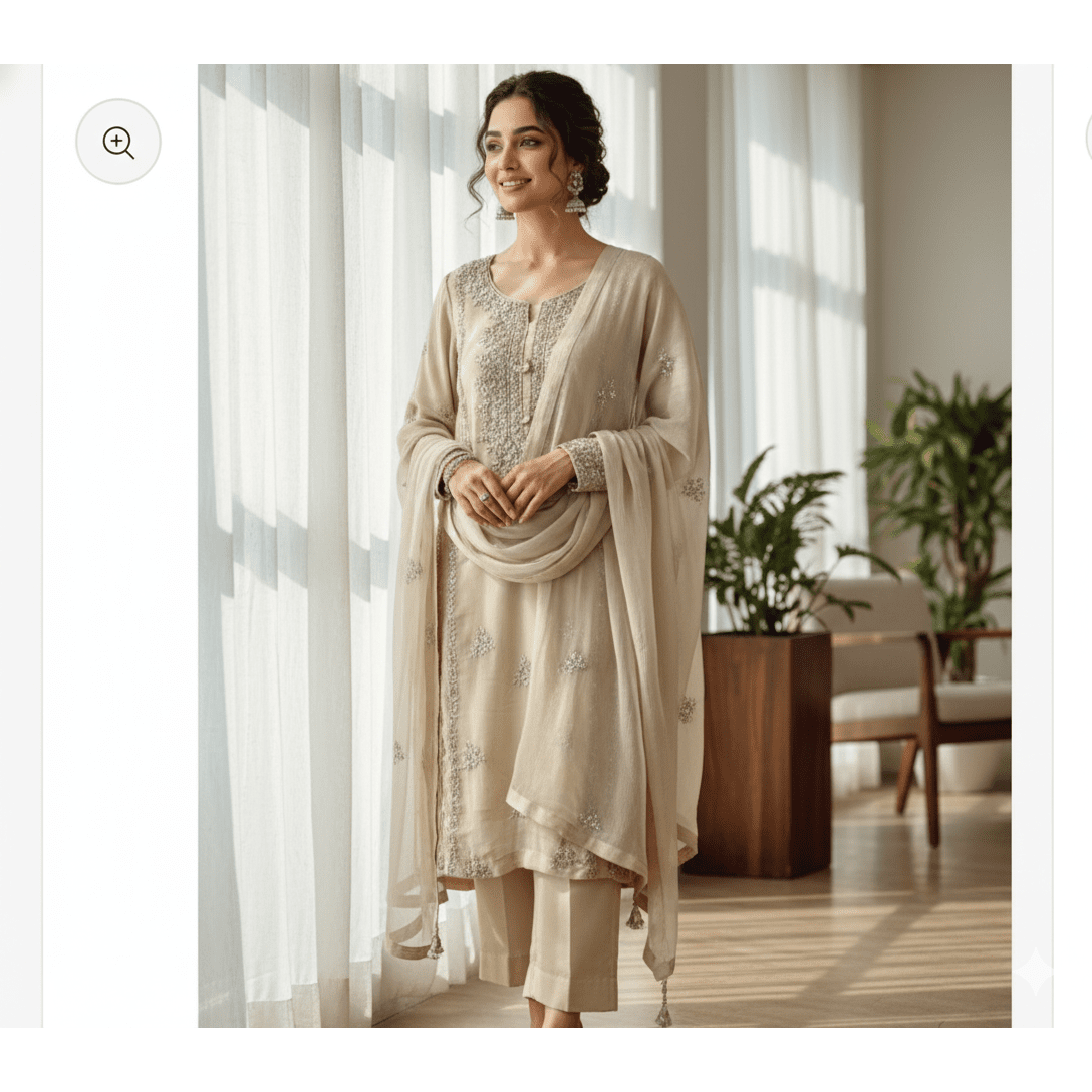 • Clothing: Embroidered/Printed suit for women - Made of best quality fabric - lawn or linen or chiffon - pure silk - Available at Najma Designs & Co. • Jewelry: Gold - plated stud earrings for