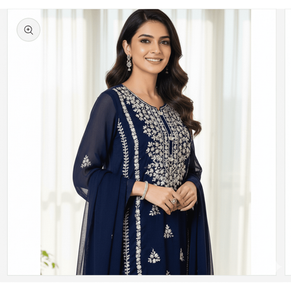 • Clothing: Embroidered/Printed suit for women - Made of best quality fabric - lawn or linen or chiffon - pure silk - Available at Najma Designs & Co. • Jewelry: Gold - plated stud earrings for