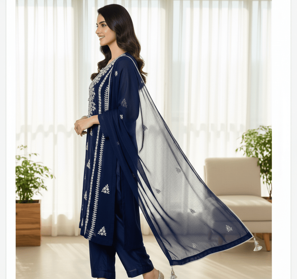 • Clothing: Embroidered/Printed suit for women - Made of best quality fabric - lawn or linen or chiffon - pure silk - Available at Najma Designs & Co. • Jewelry: Gold - plated stud earrings for