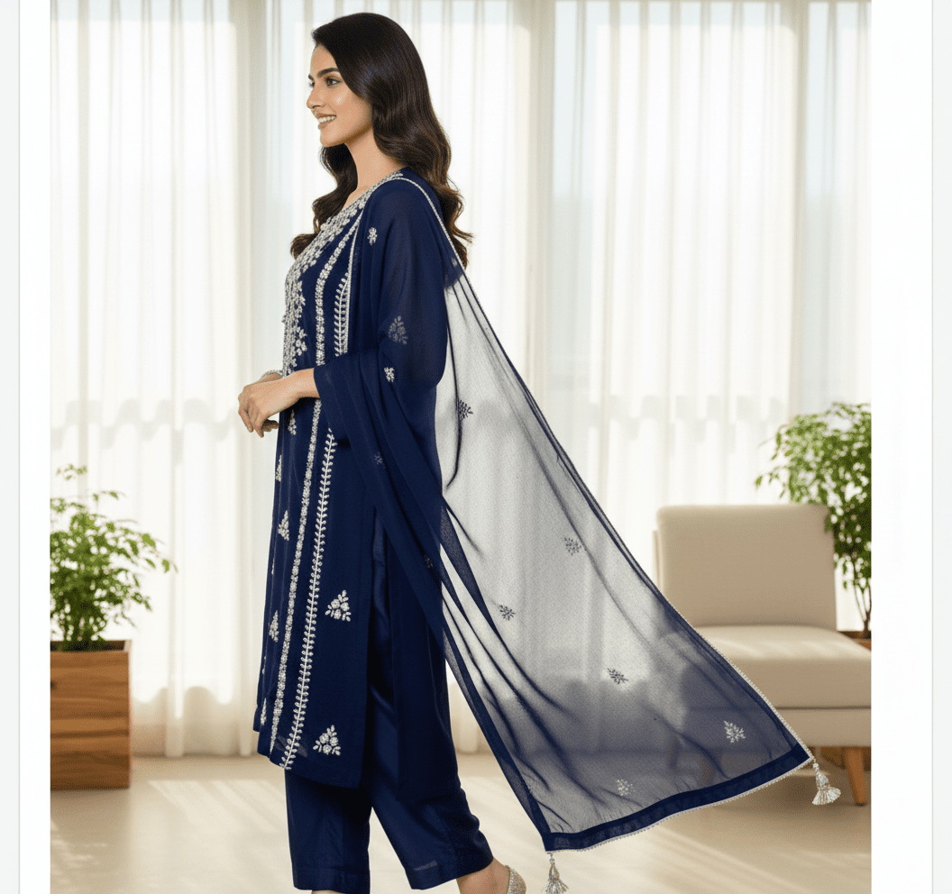 • Clothing: Embroidered/Printed suit for women - Made of best quality fabric - lawn or linen or chiffon - pure silk - Available at Najma Designs & Co. • Jewelry: Gold - plated stud earrings for