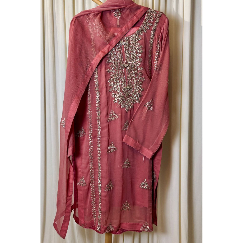 A chiffon fabric pastel pink outfit with hand embroidery. by Najmadesigns and co. gotta work 