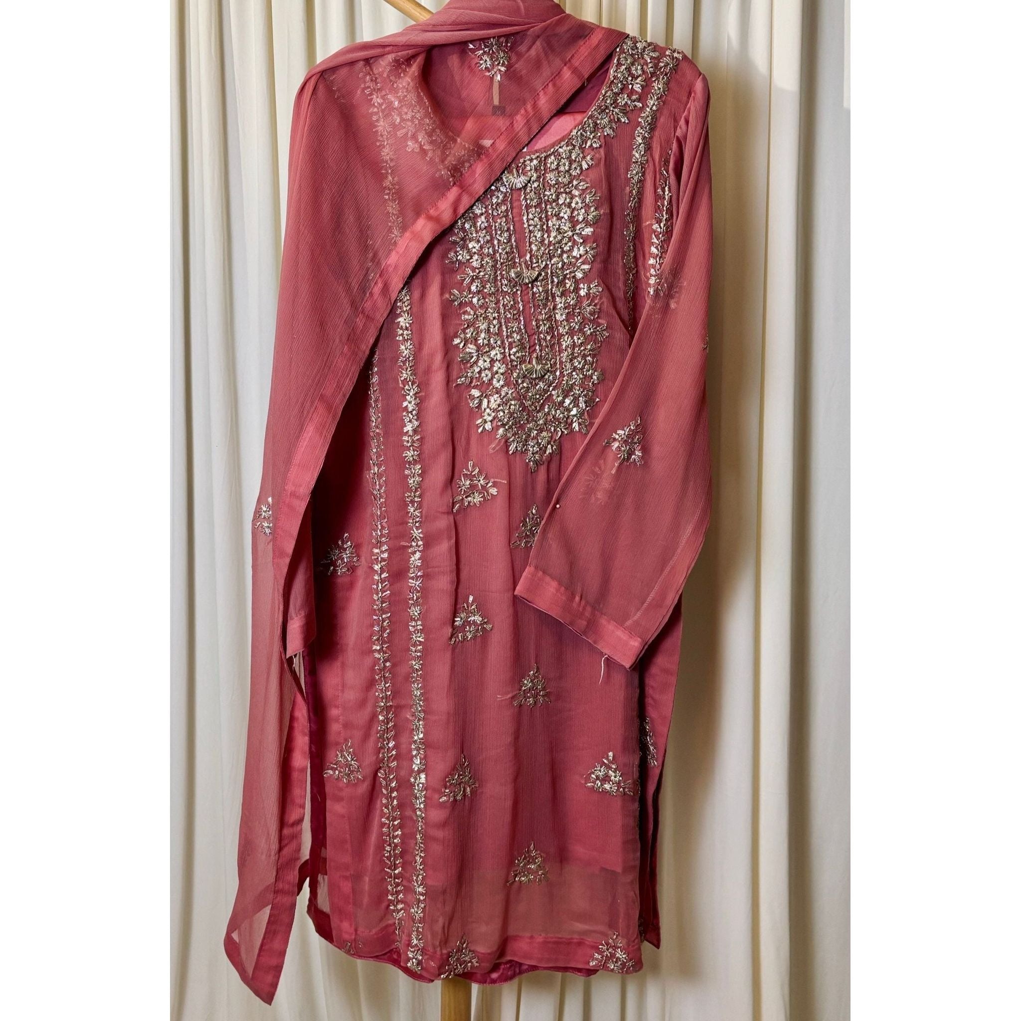 A chiffon fabric pastel pink outfit with hand embroidery. by Najmadesigns and co. gotta work 