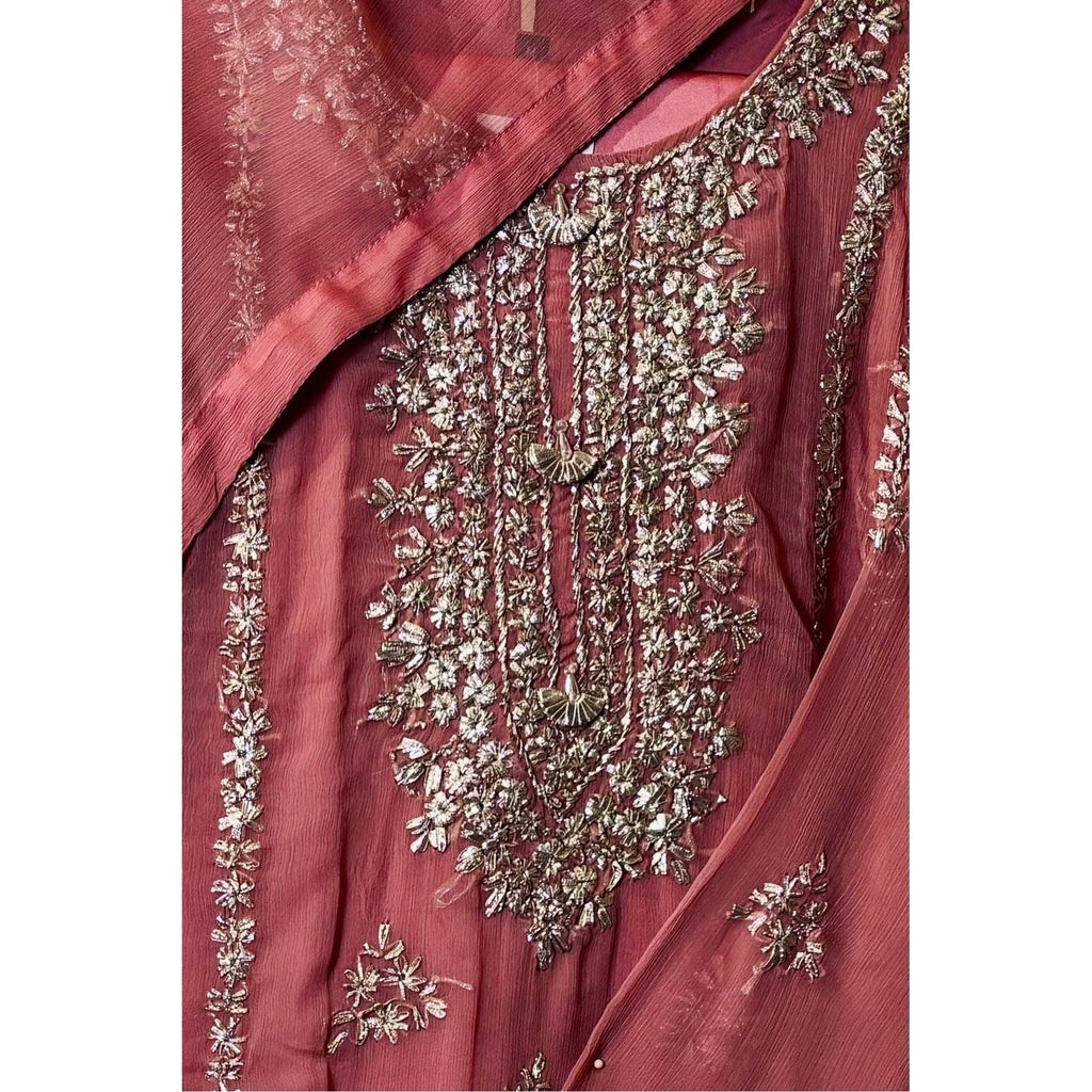 A chiffon fabric pink outfit with hand embroidery. by Najmadesigns and co. gotta work 