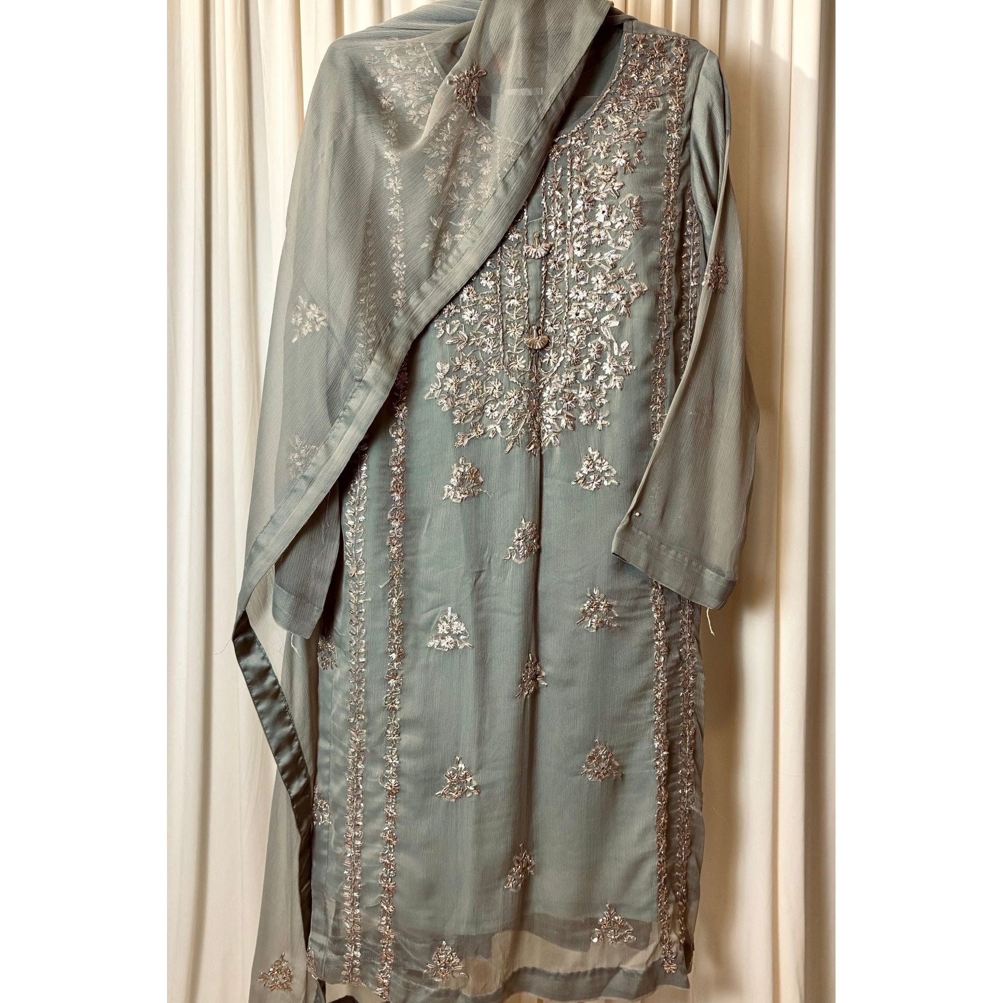 A chiffon fabriclight grey outfit with hand embroidery. by Najmadesigns and co. gotta work 