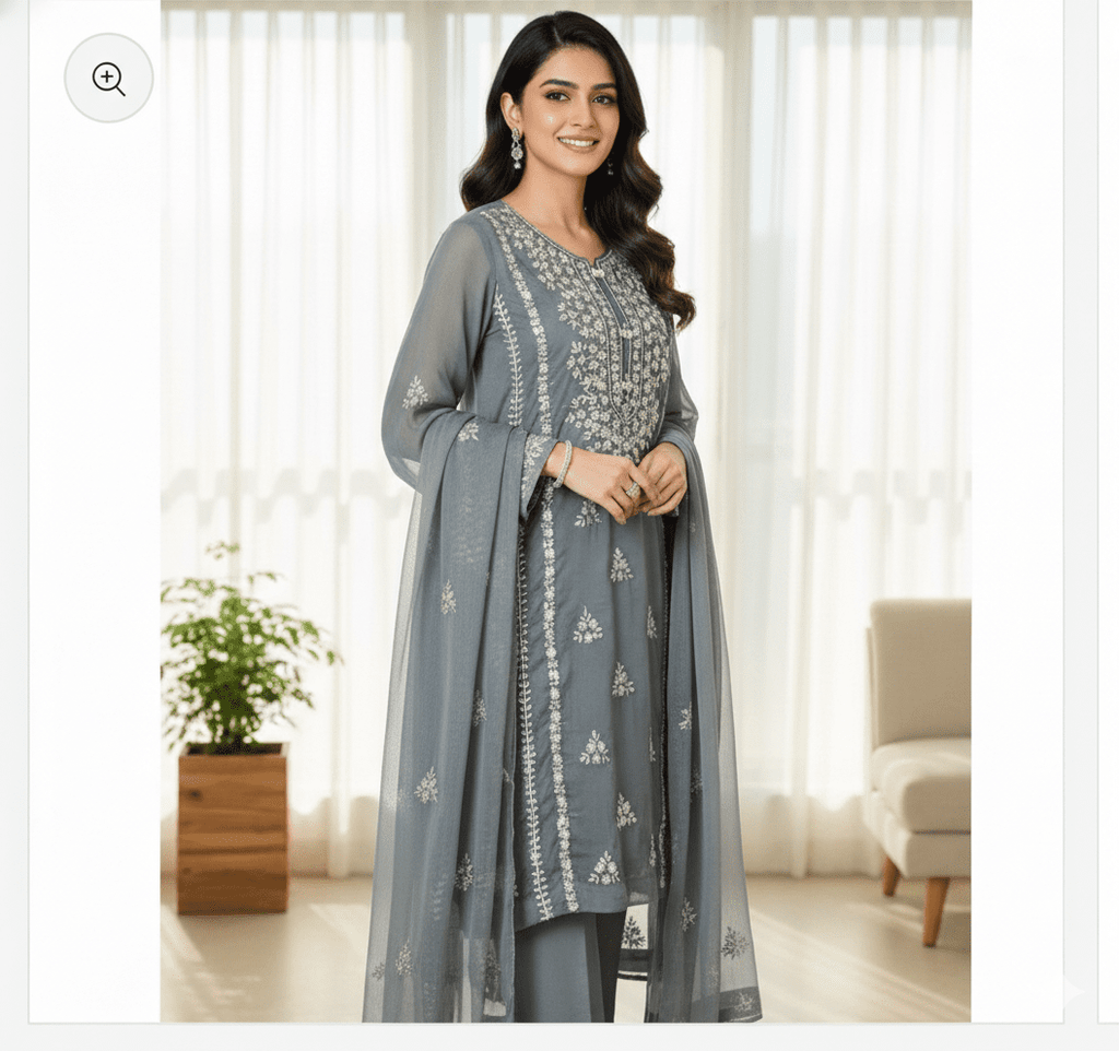 • Clothing: Embroidered/Printed suit for women - Made of best quality fabric - lawn or linen or chiffon - pure silk - Available at Najma Designs & Co. • Jewelry: Gold - plated stud earrings for